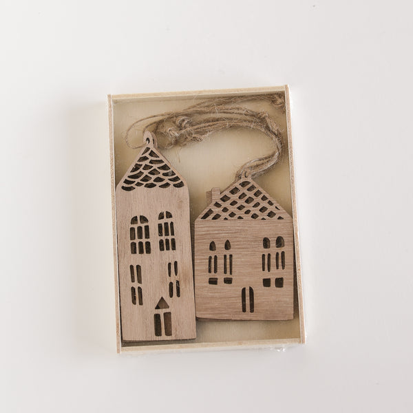 Wood House Ornaments – Set of 6