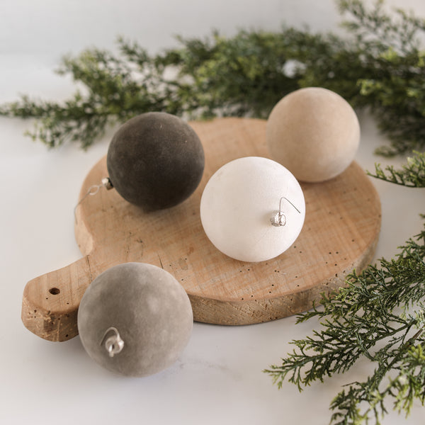 Neutral Flocked Ball Ornaments – Set of 4