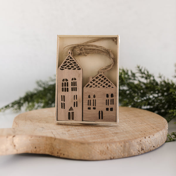 Wood House Ornaments – Set of 6