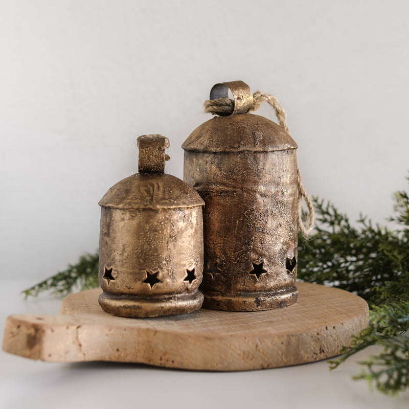 Set of 2 Antique Brass Bells with Star Cut-Outs