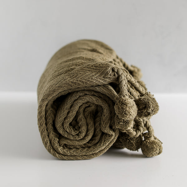 Cotton Throw Blanket with Pom Poms