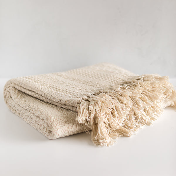 Cream Cotton Woven Throw Blanket