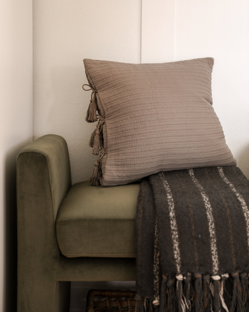 Gray Woven Cotton Pillow with Tassel Ties