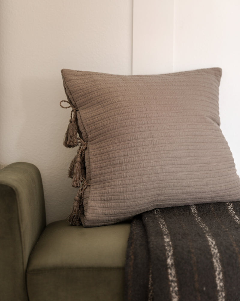 Gray Woven Cotton Pillow with Tassel Ties