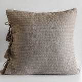 Gray Woven Cotton Pillow with Tassel Ties