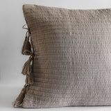 Gray Woven Cotton Pillow with Tassel Ties