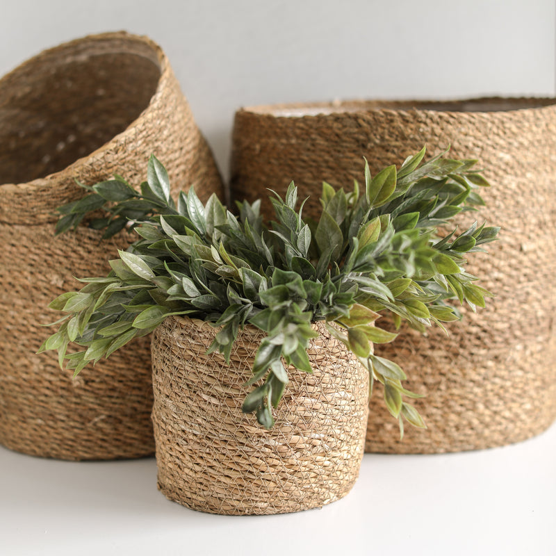 small woven plant basket Round Hand-Woven Seagrass Basket Planters