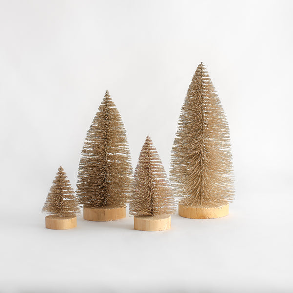 Champagne Bottle Brush Trees with Glitter and Wood Base - Set of 4