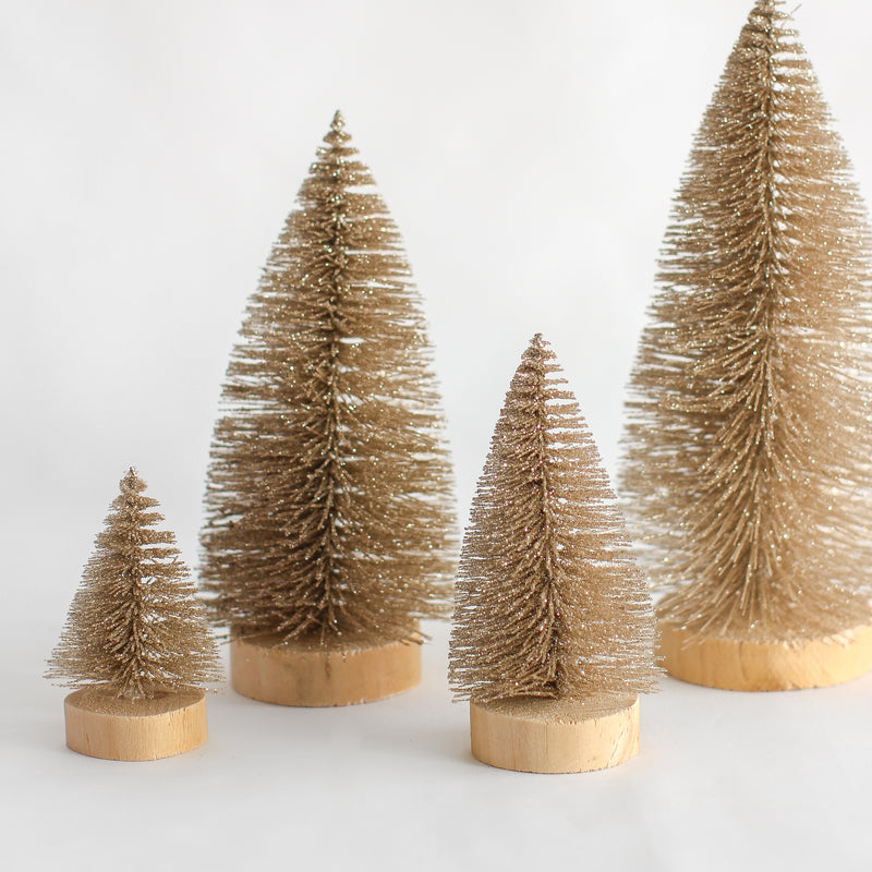 Champagne Bottle Brush Trees with Glitter and Wood Base - Set of 4