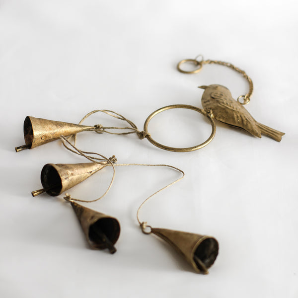 Hanging Antique Brass Bells With Bird