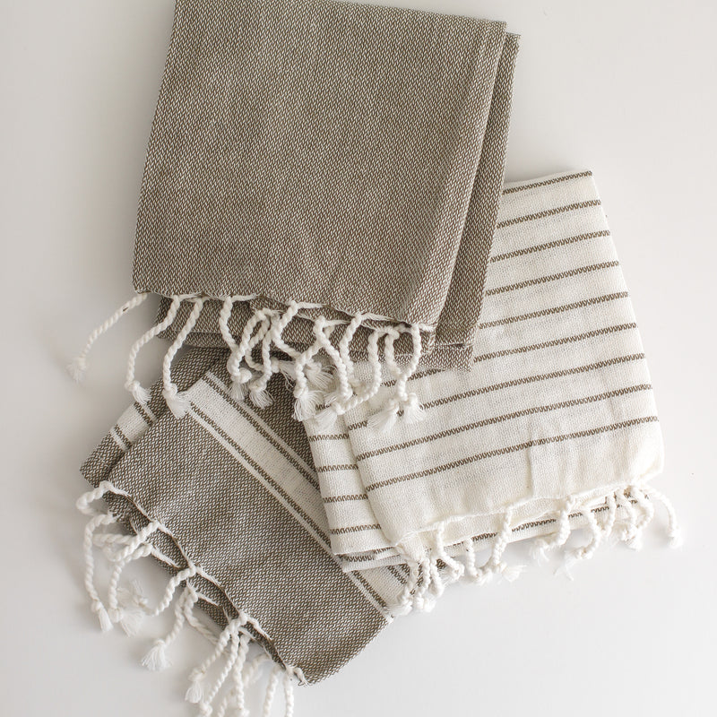 Santana Woven Cotton Striped Tea Towel w Tassels - Grey
