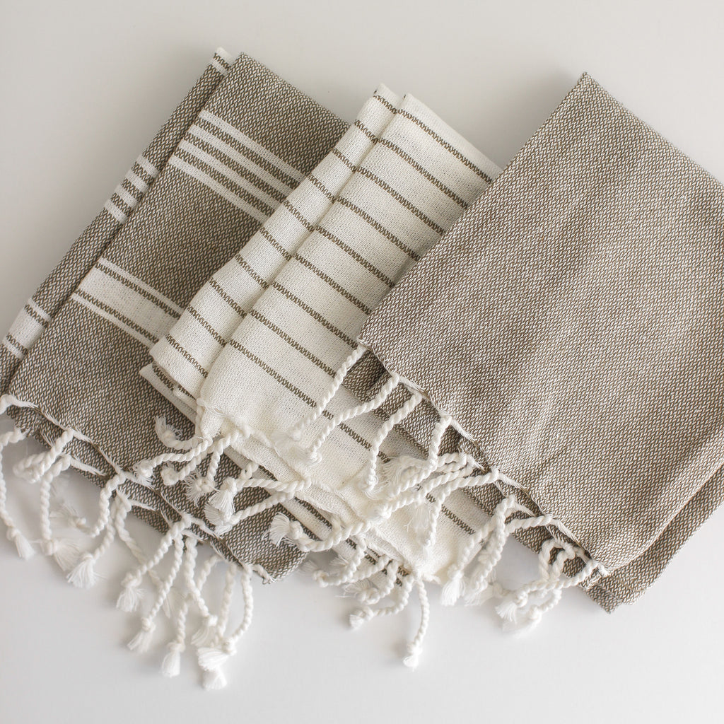 Santana Woven Cotton Striped Tea Towel w Tassels - Grey