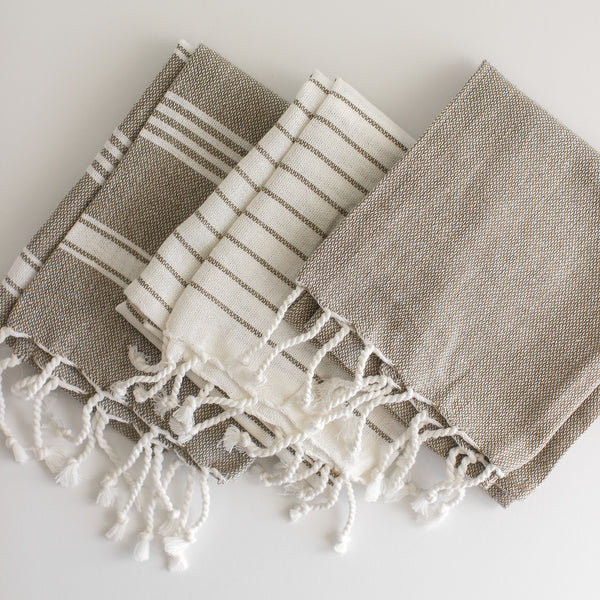 Set of 3 Woven Cotton Striped Tea Towels with Tassels