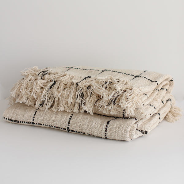 Woven Cotton Slub Grid Throw Blanket with Tassels