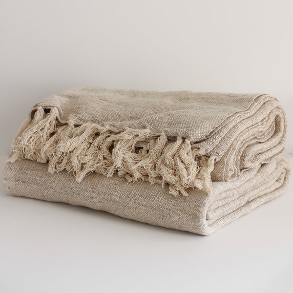 Woven Melange Wool + Cotton Slub Throw Blanket with Fringe