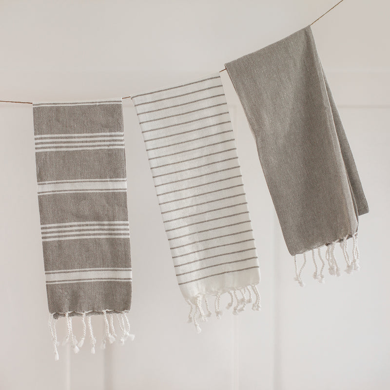 Woven Cotton Striped Tea Towels (Taupe Black & Cream Color)