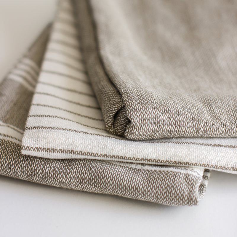 Woven Cotton Striped Tea Towels (Taupe Black & Cream Color)