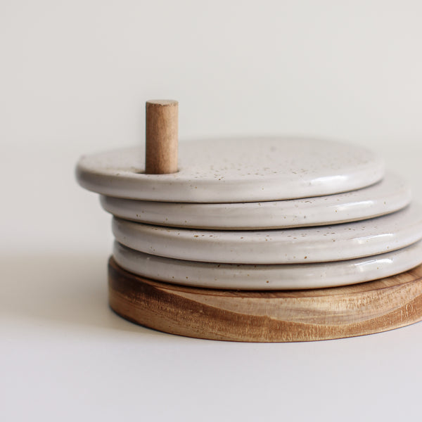Set of 4 Stoneware Coasters with Wooden Holder