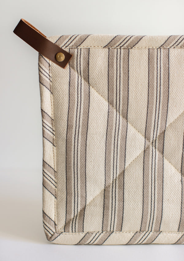 Woven Cotton Striped Pot Holder with Leather Loop